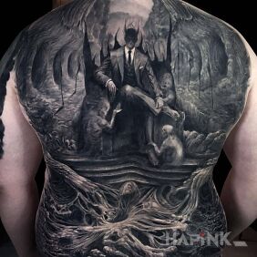 Tattoo Devil in a suit on the back motif: demons style: realistic