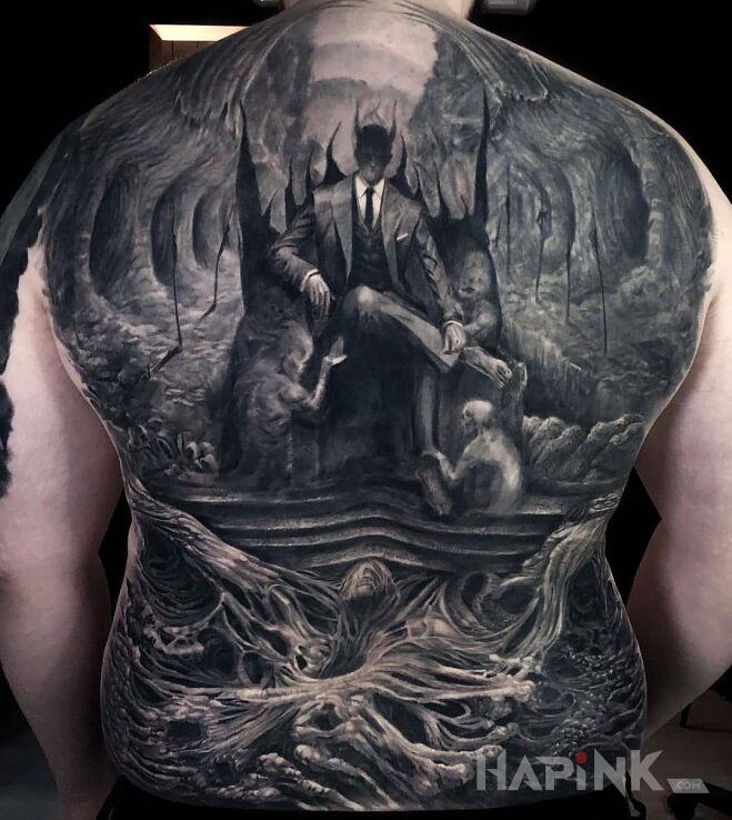Tattoo Diabeł w garniturze in 3D motif and realistic style on the shoulder blades