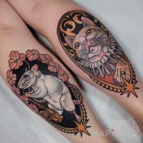 Tattoo Cat / Mouse / Flowers / Ornaments on the calf motif: animals style: neo-traditional