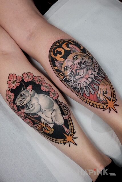 Tattoo Kot / Mysz / Kwiaty / Ornamenty in flowers motif and neo-traditional style on the calf