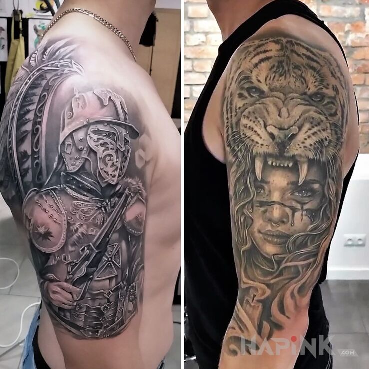 Tattoo Winged Hussars; pretty Woman and Tiger in 3D motif and realistic style on the upper arm
