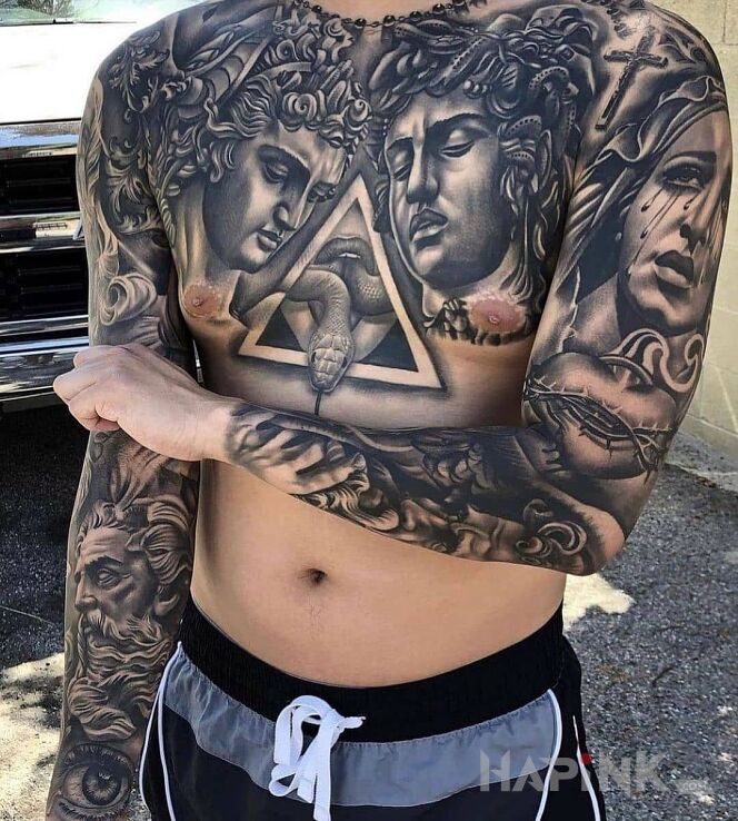 Tattoo Kozak dziary in sleeves motif and realistic style on the chest