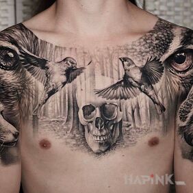 Tattoo Animal gang on the shoulder motif: skulls style: realistic