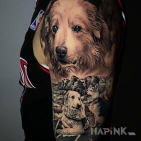 Tattoo Dog's Life on the upper arm motif: animals style: realistic