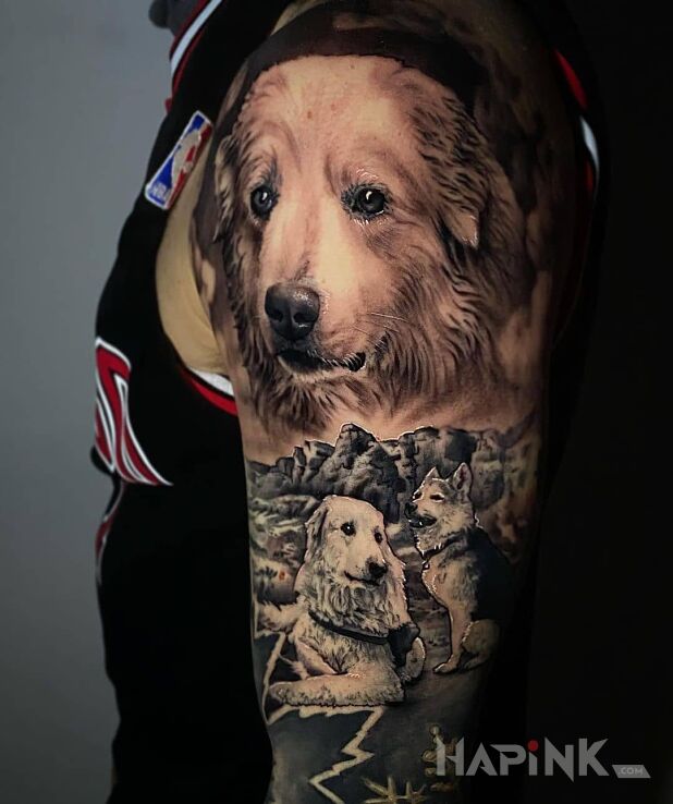 Tattoo Pieskie życie in 3D motif and realistic style on the upper arm
