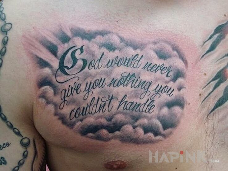 Tattoo Co dane od Boga in black and gray motif and calligraphy style on the chest