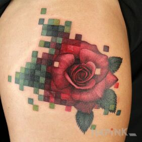 Tattoo Half of a rose in pixels on the leg motif: flowers style: realistic