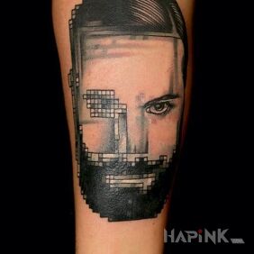 Tattoo Pixelation on a portrait on the forearm motif: pixelated style: realistic