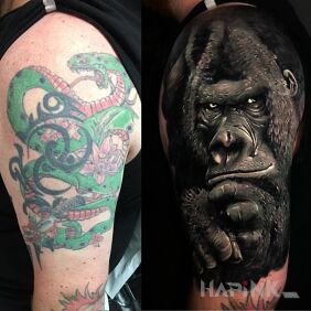 Tattoo Nice guy this gorilla on the upper arm motif: cover-up style: realistic