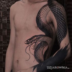 Tatuaż Wielki wąż na żebrach motyw: czarno-szare styl: blackwork / blackout