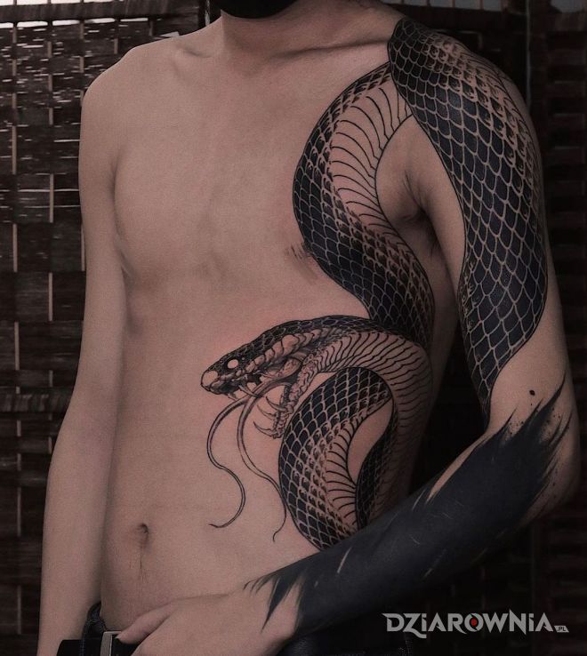 Tatuaż wielki wąż w motywie czarno-szare i stylu graficzne / ilustracyjne na przedramieniu
