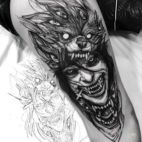 Tattoo Demonic figure with a wolf on the upper arm motif: faces style: sketch