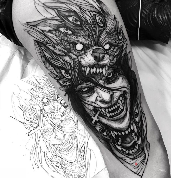Tattoo Demoniczna postać z wilkiem in animals motif and sketch style on the upper arm