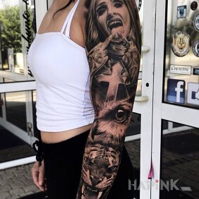 Tattoo Naughty Nun on the forearm motif: sleeves style: realistic
