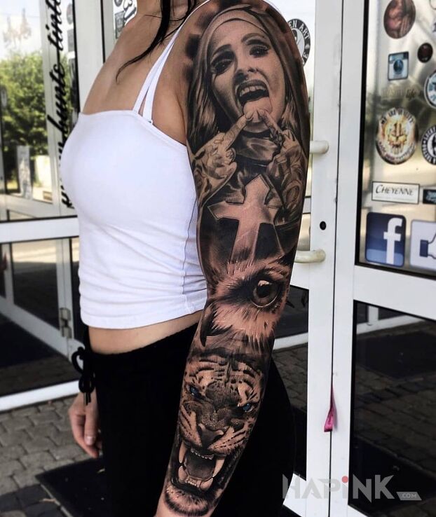 Tattoo Niegrzeczna zakonnica in sleeves motif and realistic style on the forearm