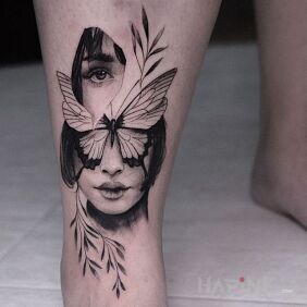Tattoo Face in two parts on the tibia motif: black and gray style: surrealistic