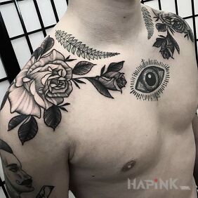 Tattoo Roses and laurel on the shoulder motif: flowers style: realistic