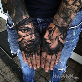 Tattoo Two Women on the hand motif: faces style: realistic