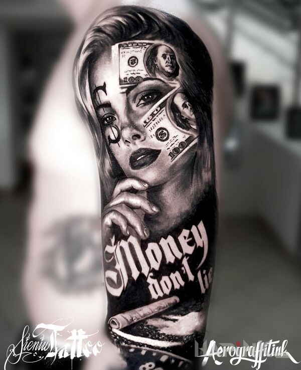 Tattoo Money don't lie :) in faces motif and chicano style on the upper arm