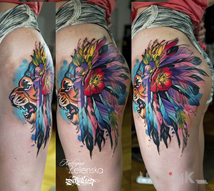 Tattoo Lew / Pióropusz / Pióra in animals motif and Watercolor style on the leg