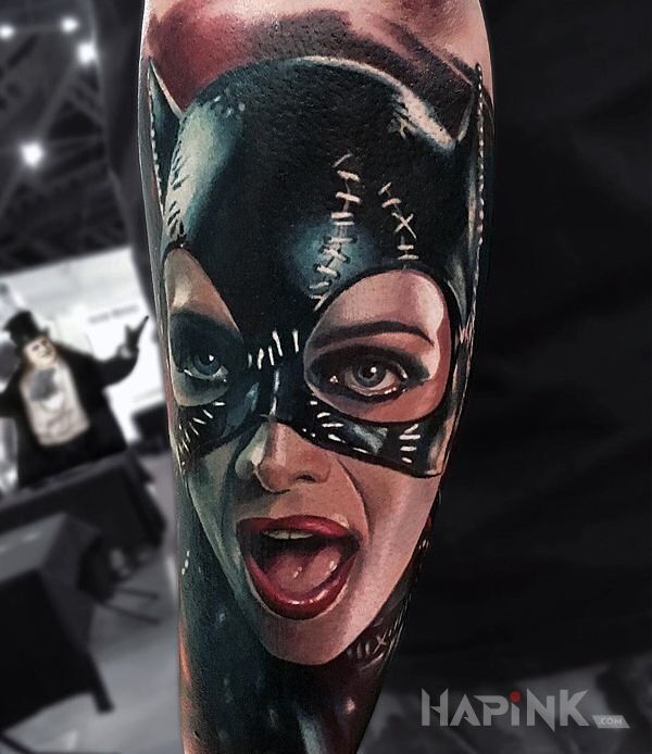 Tattoo Kobieta-kot in characters motif and realistic style on the forearm