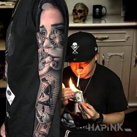 Tattoo Leaning on the wall on the forearm motif: faces style: realistic