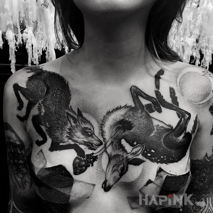 Tattoo Polowanie na sarny in dark motif and graphic / illustrative style on the chest