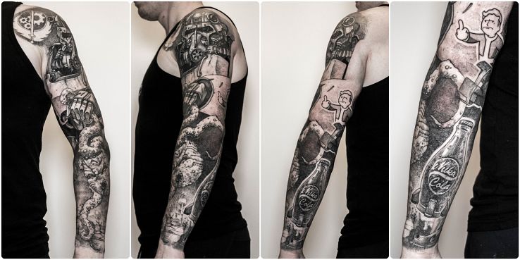 Tatuaż gra  fallout  nuke cola w motywie postacie i stylu graficzne / ilustracyjne na ramieniu