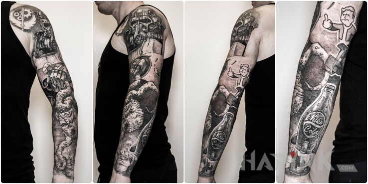 Tattoo Gra / Fallout / Nuke Cola in objects motif and graphic / illustrative style on the upper arm