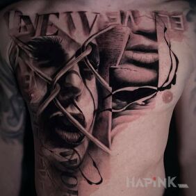 Tattoo Girl behind the net on the collarbone motif: faces style: realistic
