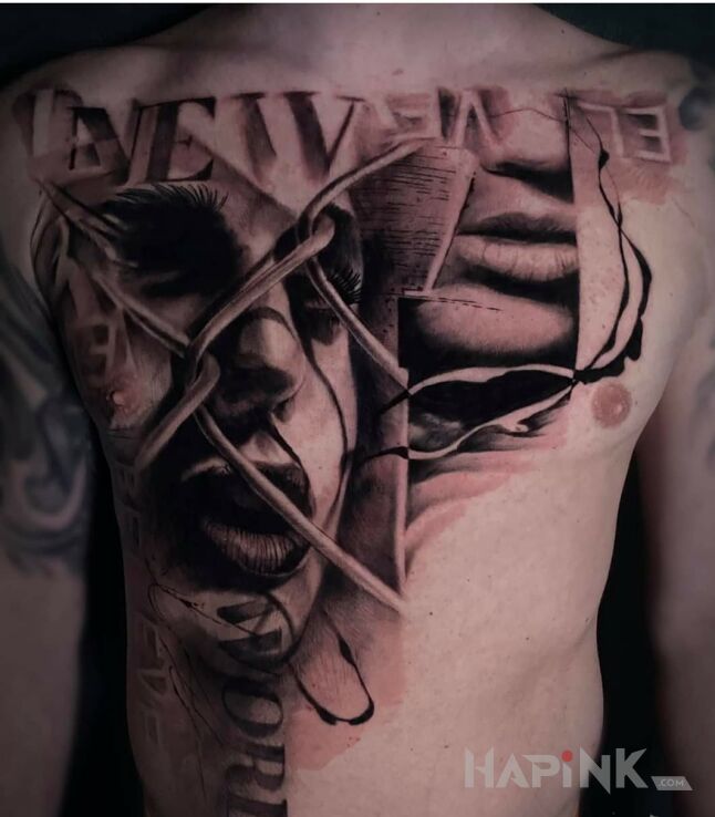 Tattoo Dziewczyna za siatką in black and gray motif and realistic style on the collarbone