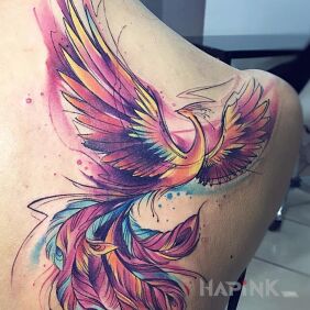 Tattoo Purple Phoenix on the shoulder blades motif: fantasy style: Watercolor
