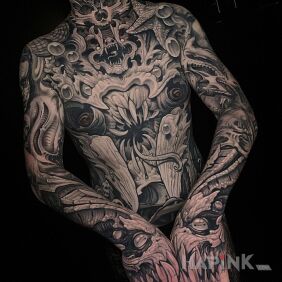 Tattoo Monstrous tattoos on the throat motif: black and gray style: realistic