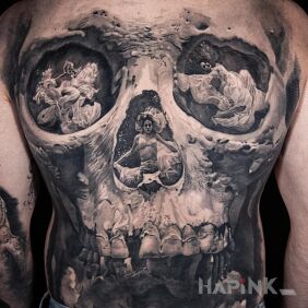 Tattoo Three girls in a skull on the back motif: skulls style: realistic