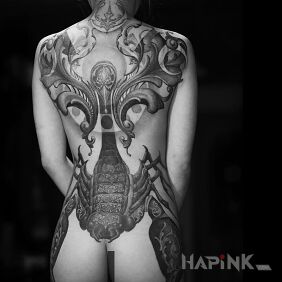 Tattoo Quite a big scorpion on the buttocks motif: black and gray style: realistic