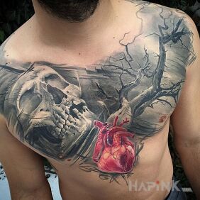 Tattoo Heart and skull on the chest motif: skulls style: realistic