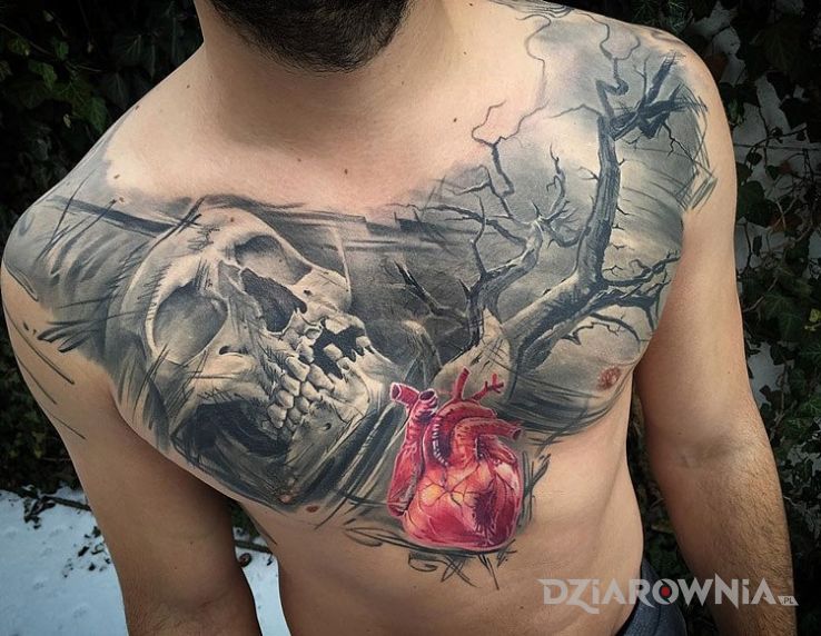 Tatuaż serce i czaszka w motywie czaszki i stylu realistyczne na klatce
