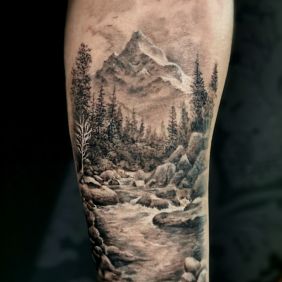 Tattoo Mountain landscape On the arm motif: nature style: realistic
