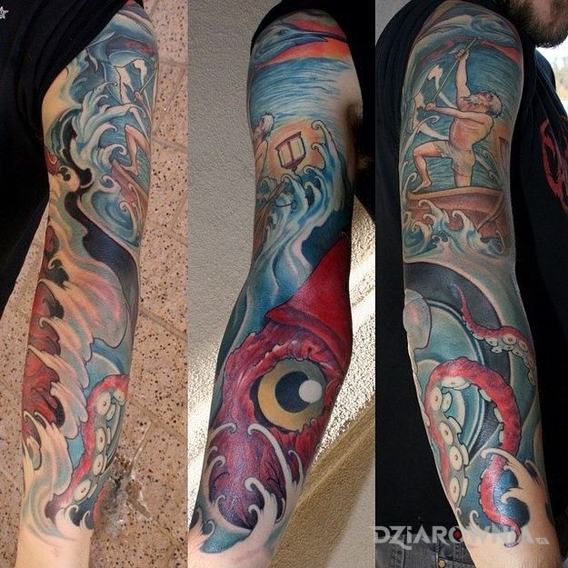 Tatuaż stary człowiek i morze w motywie rękawy na ramieniu