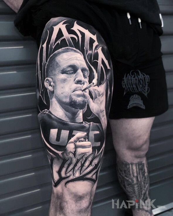 Tattoo Zawodnik UFC in black and gray motif and realistic style on the leg