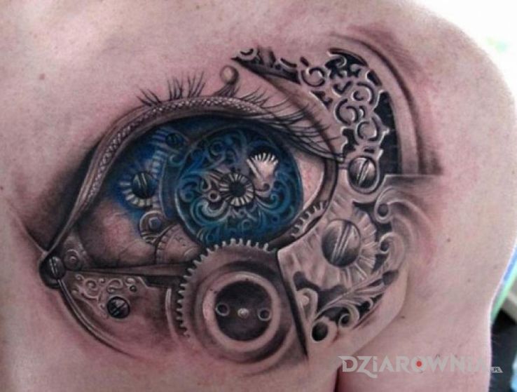 Tatuaż oko po steampunkowemu w motywie steampunk i stylu realistyczne na łopatkach