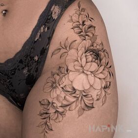 Tattoo Rose bouquet on the leg motif: black and gray style: realistic