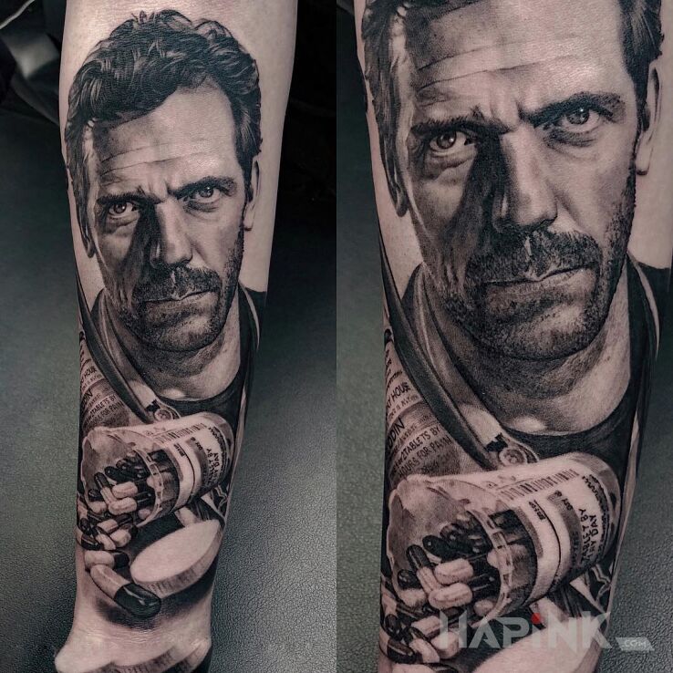Tattoo DR House in black and gray motif and realistic style on the forearm