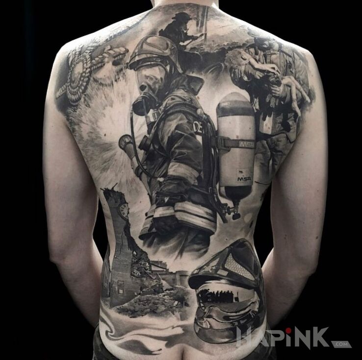 Tattoo Strażak na robocie in characters motif and realistic style on the back