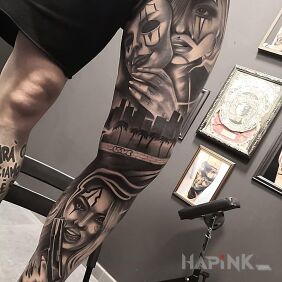 Tattoo Girl behind the mask on the leg motif: faces style: chicano