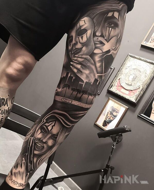 Tattoo Dziewczyna za maska in black and gray motif and chicano style on the thigh