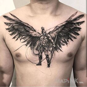 Tattoo Spartan with wings on the collarbone motif: black and gray style: sketch