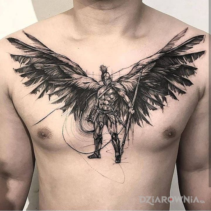 Tatuaż spartanin ze skrzydłami w motywie postacie i stylu szkic na klatce