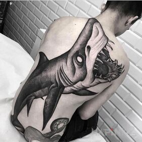Tattoo Shark with white eyes on the back motif: animals style: graphic / illustrative