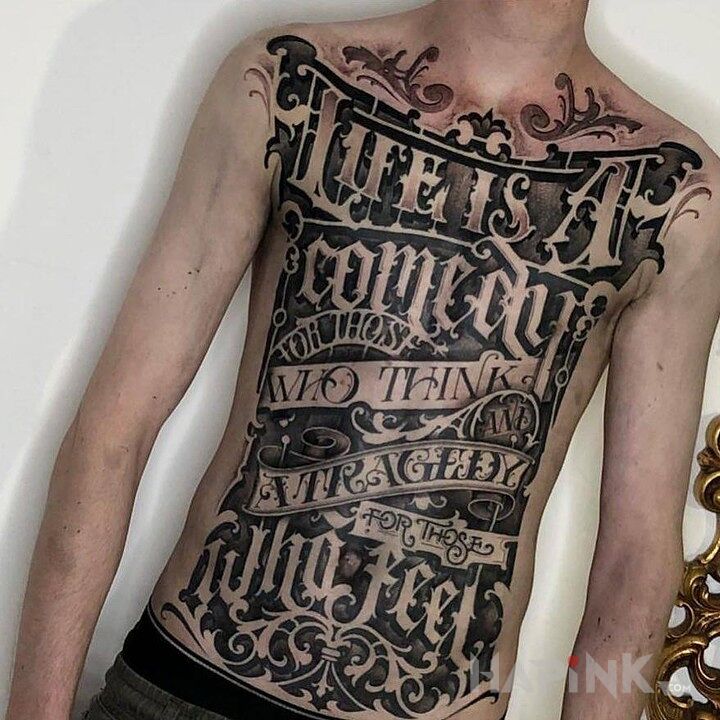 Tattoo Ciekawe napisy in black and gray motif and calligraphy style on the stomach